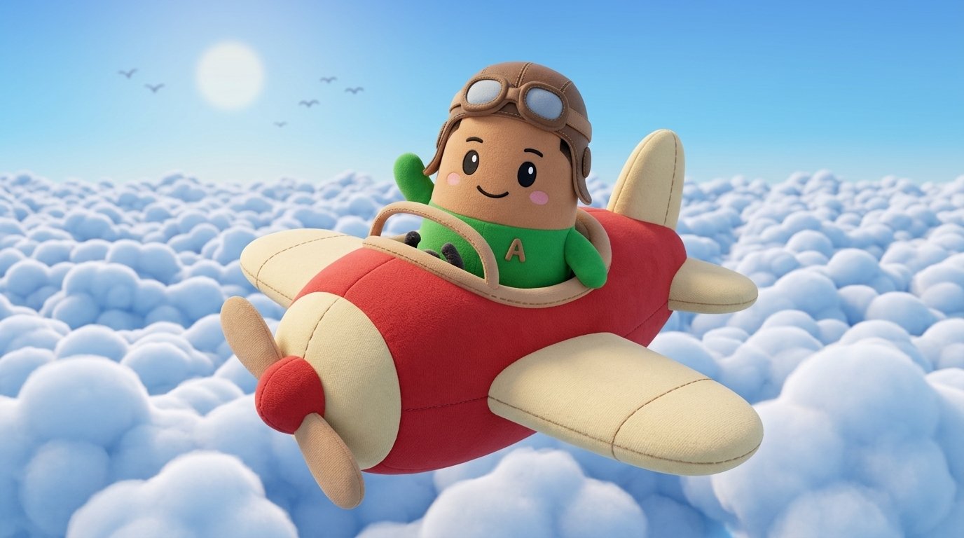 Ansem Cupsey riding a red plane above clouds
