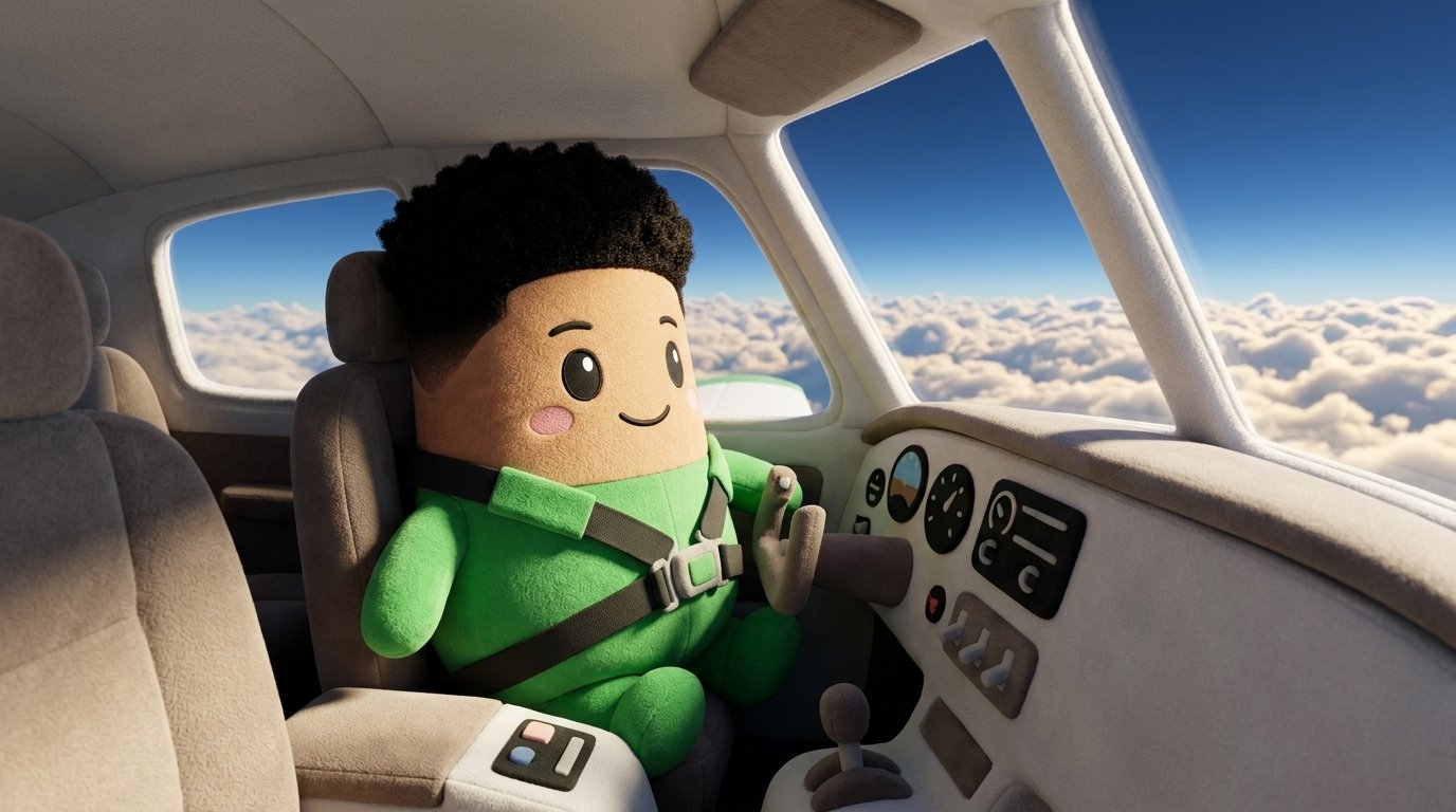 Ansem Cupsey sitting in a plane cockpit above clouds
